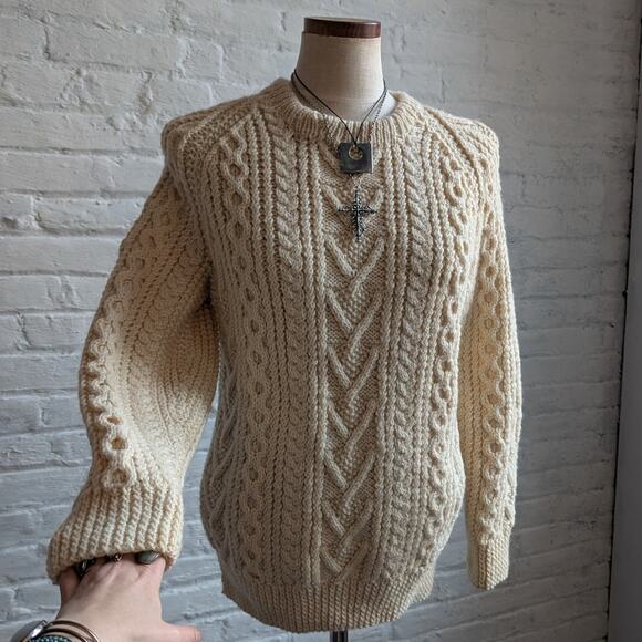 Vintage Wool Fisherman Knit Grandpa Sweater Minimalist Chunky Cable Knitted Top - Picture 4 of 8